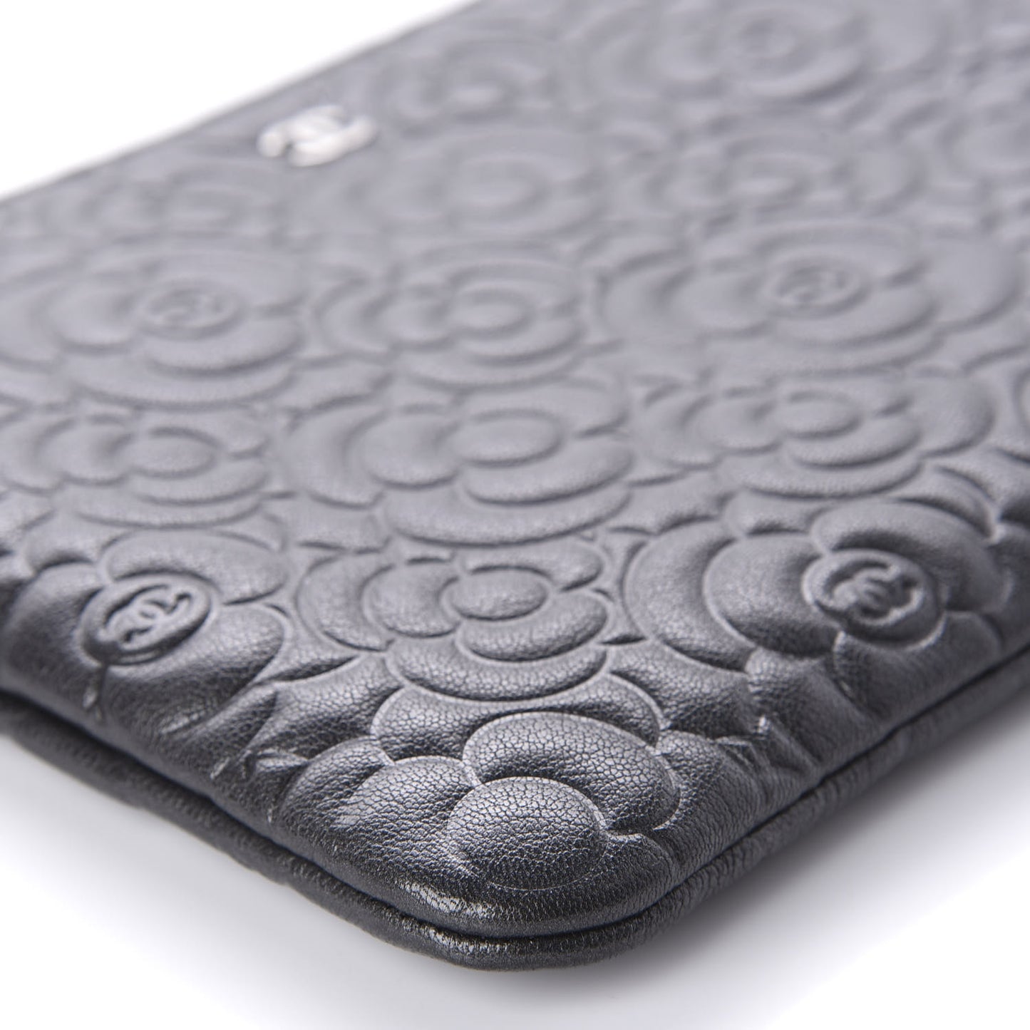Goatskin Camellia Embossed Medium Cosmetic Case Dark Grey