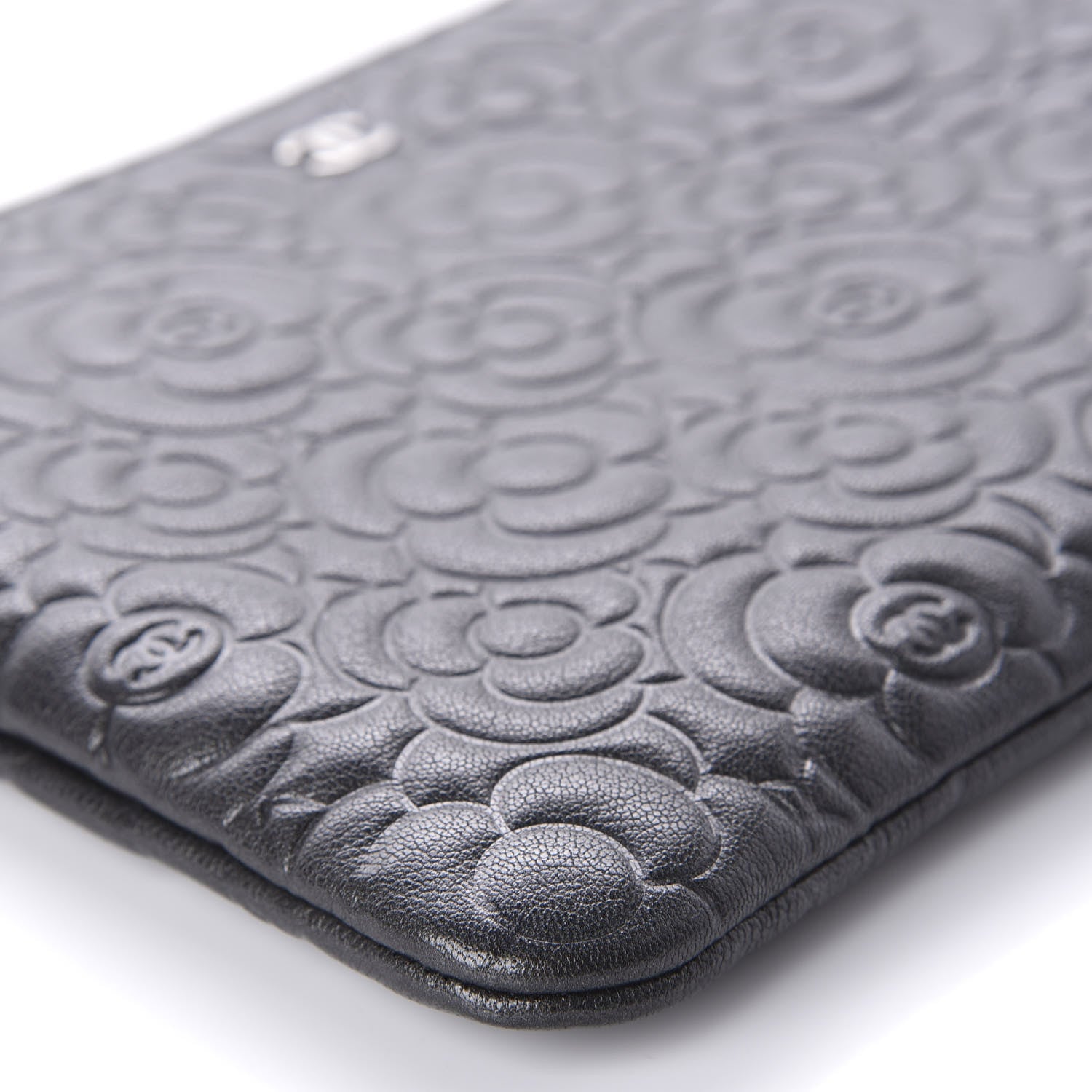 Chanel Goatskin Camellia Embossed Medium Cosmetic Case Dark Grey 6 of 10