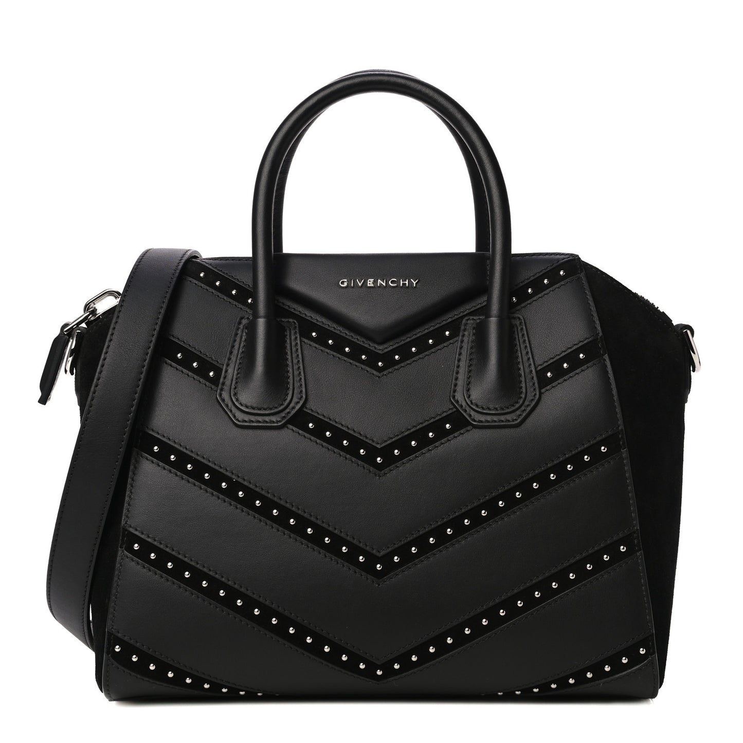 Calfskin Suede Small Studded Chevron Antigona Black