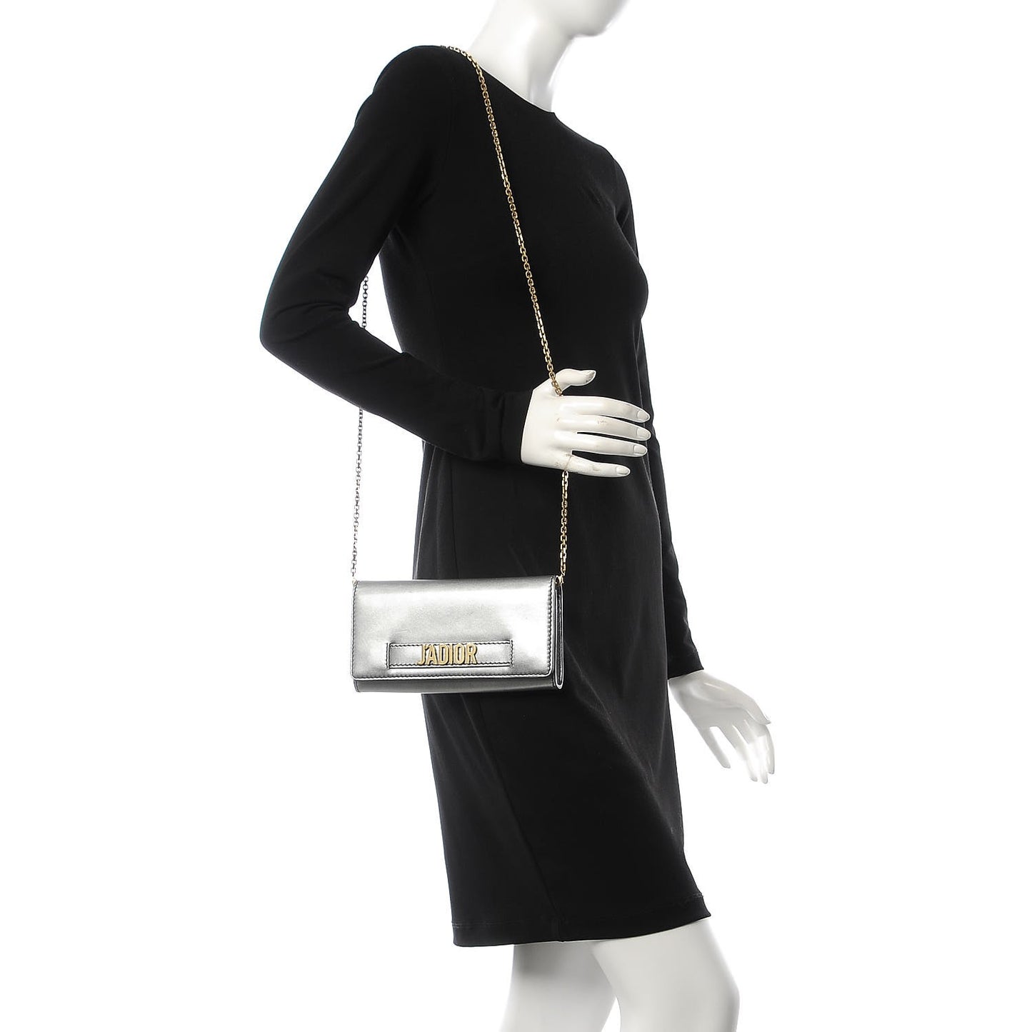 Metallic Calfskin J'Adior Croisiere Chain Wallet Silver