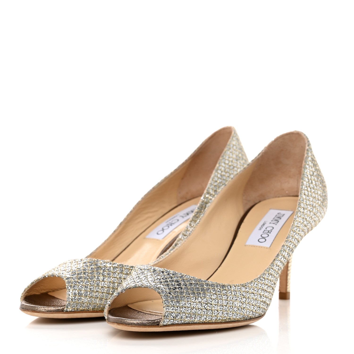 Jimmy Choo Glitter Fabric Evelyn Peep Toe 65 Pumps 37.5 Champagne 3 of 8