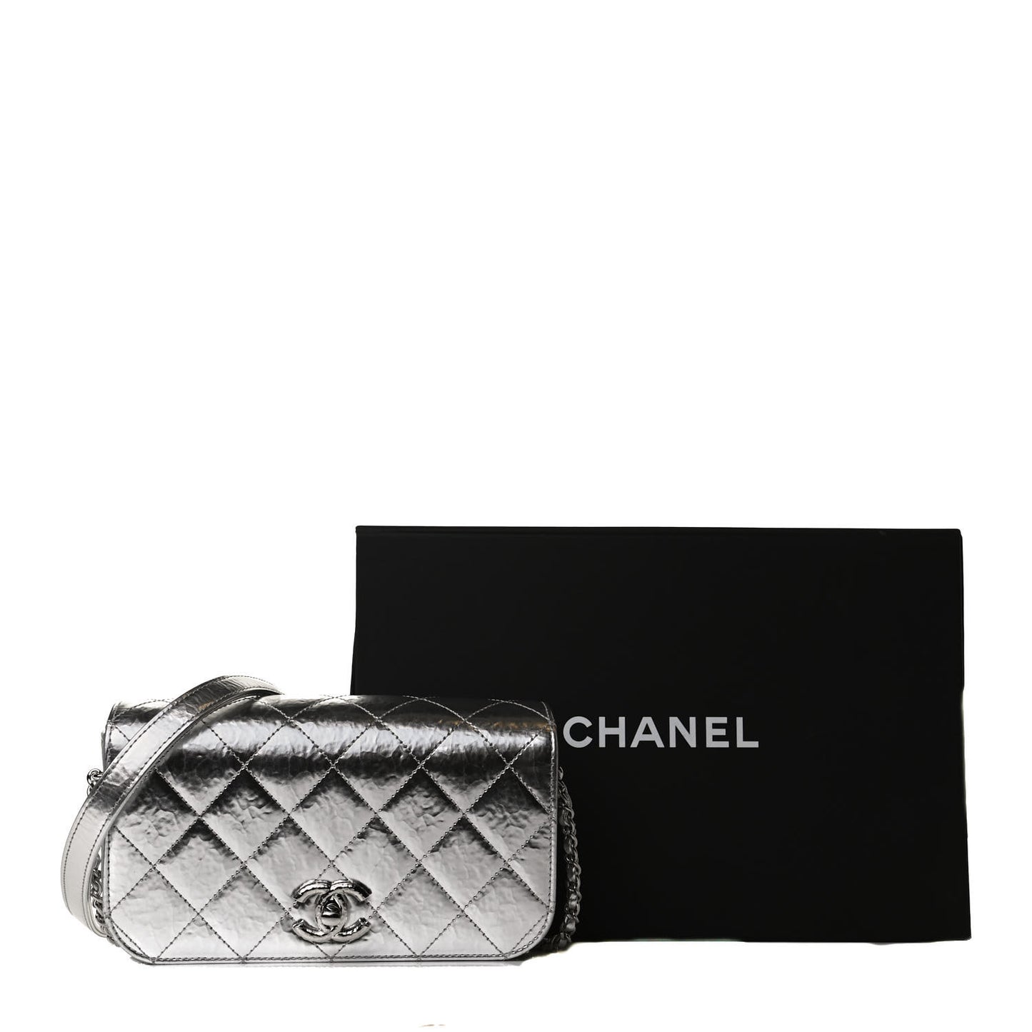 Hammered Metallic Calfskin Quilted Flap Silver
