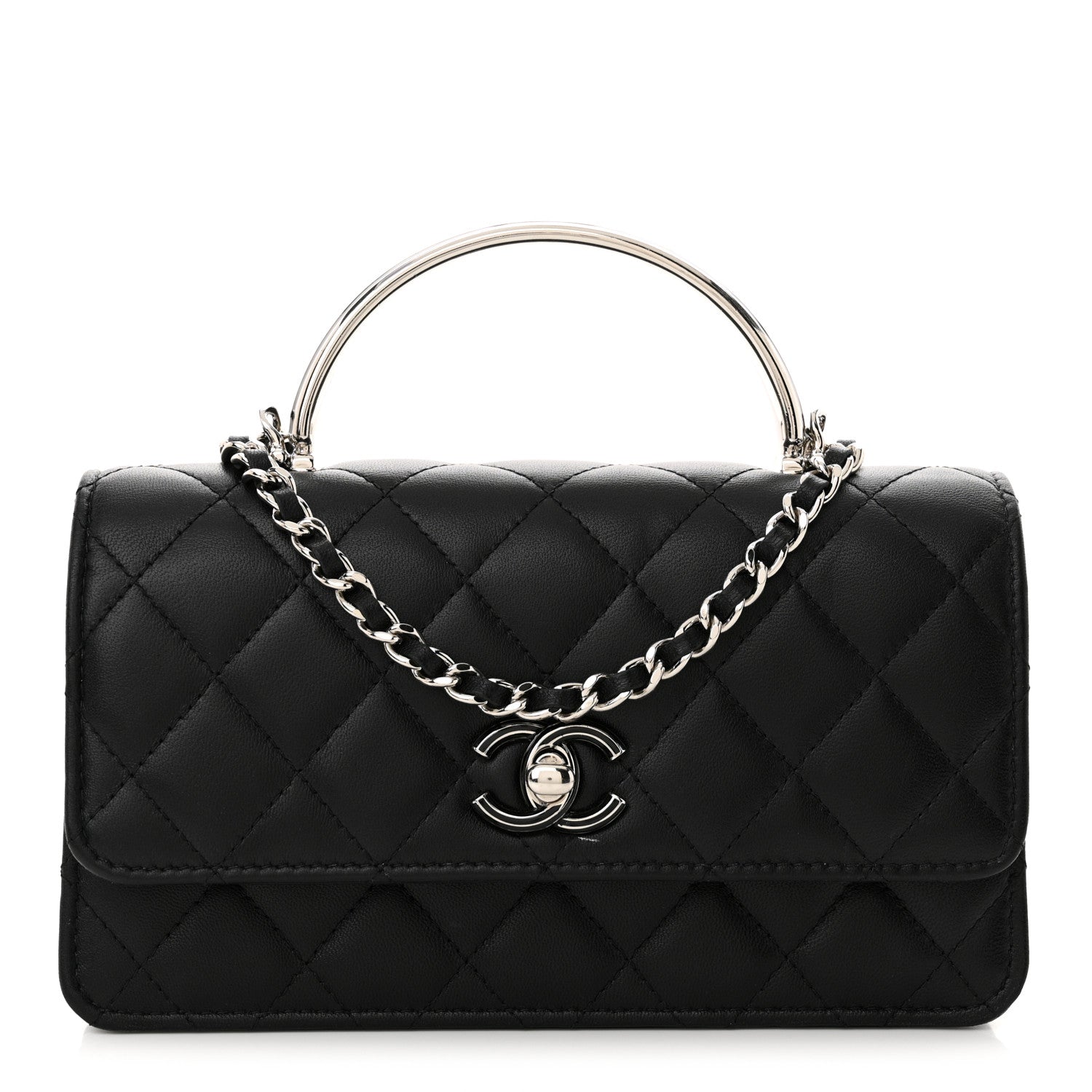 Chanel Lambskin Quilted Metal Top Handle Crossbody Flap Black
