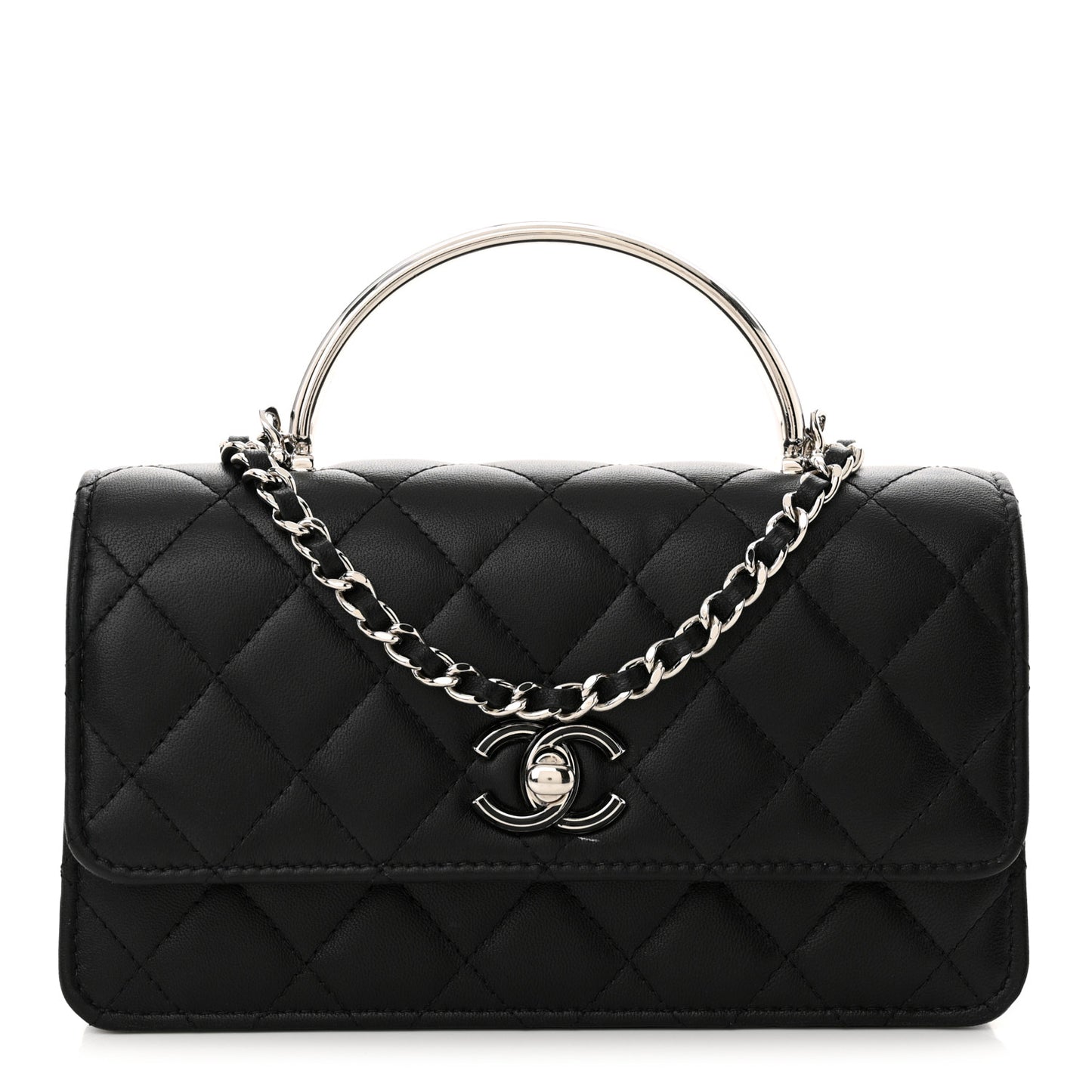 Lambskin Quilted Metal Top Handle Crossbody Flap Black