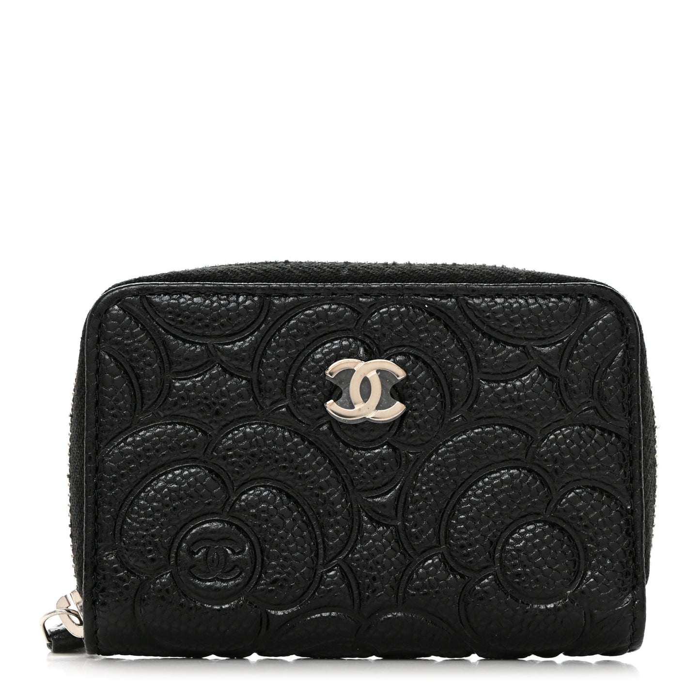 Caviar Camellia Embossed Zip Coin Purse Black
