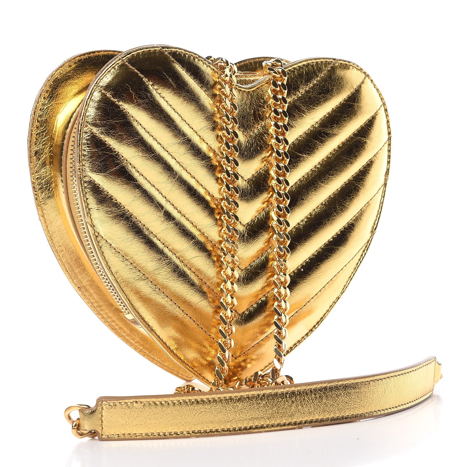Saint Laurent Metallic Calfskin Matelasse Chevron Monogram Small Love Heart Chain Bag Gold 3 of 14