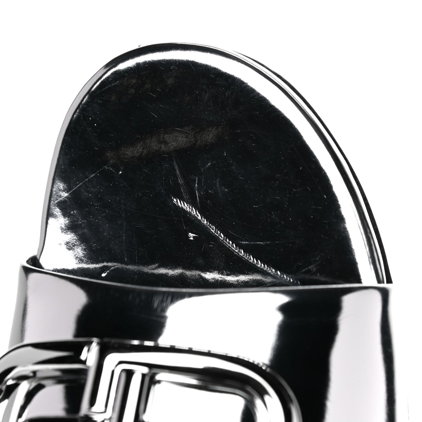 Mirror Metallic Calfskin Oval BB Slide Sandals 36 Silver