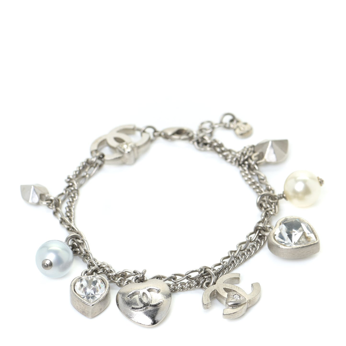 Metal Crystal Pearl Heart Charm Bracelet Silver