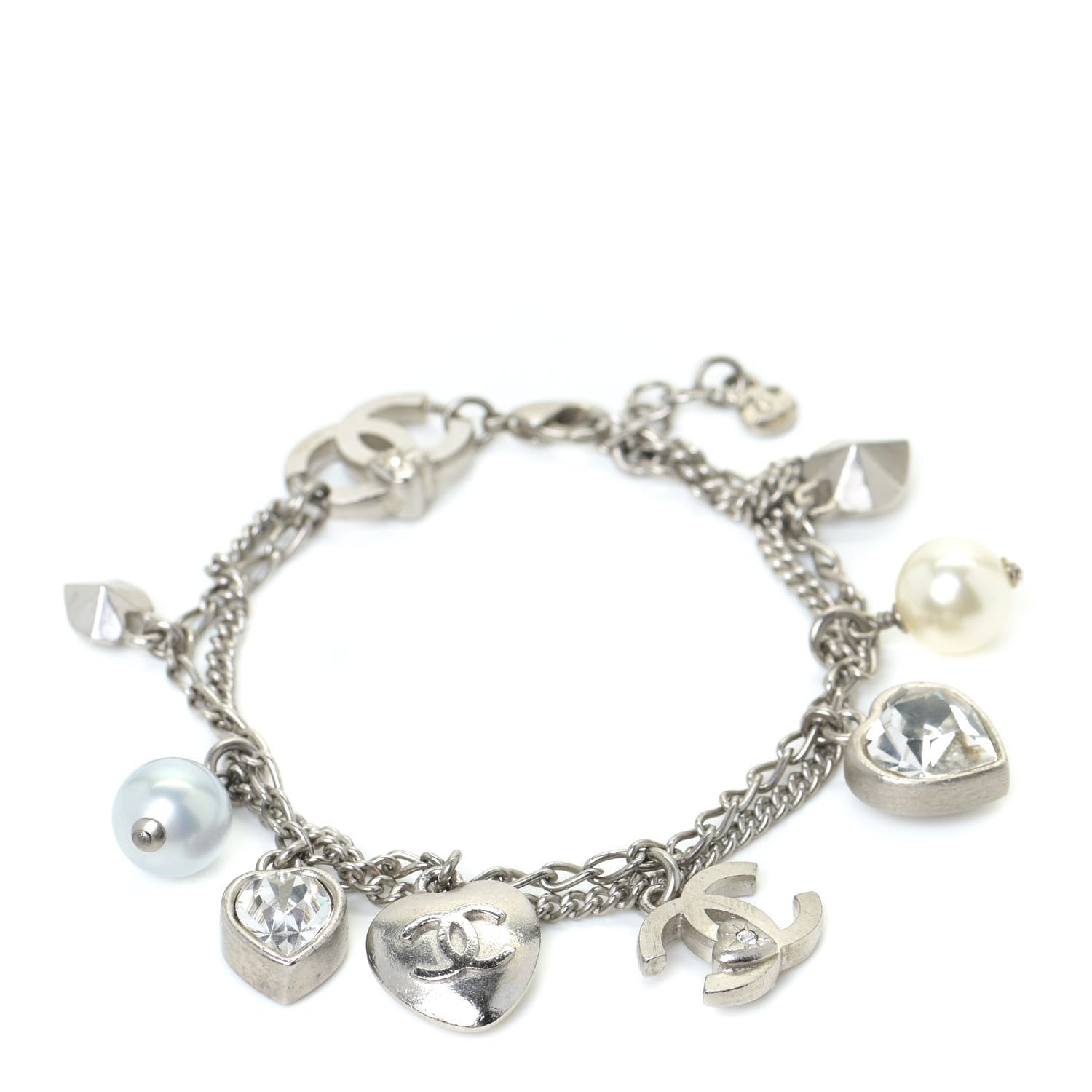 Chanel Metal Crystal Pearl Heart Charm Bracelet Silver 1 of 5