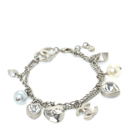 Chanel Metal Crystal Pearl Heart Charm Bracelet Silver 1 of 5