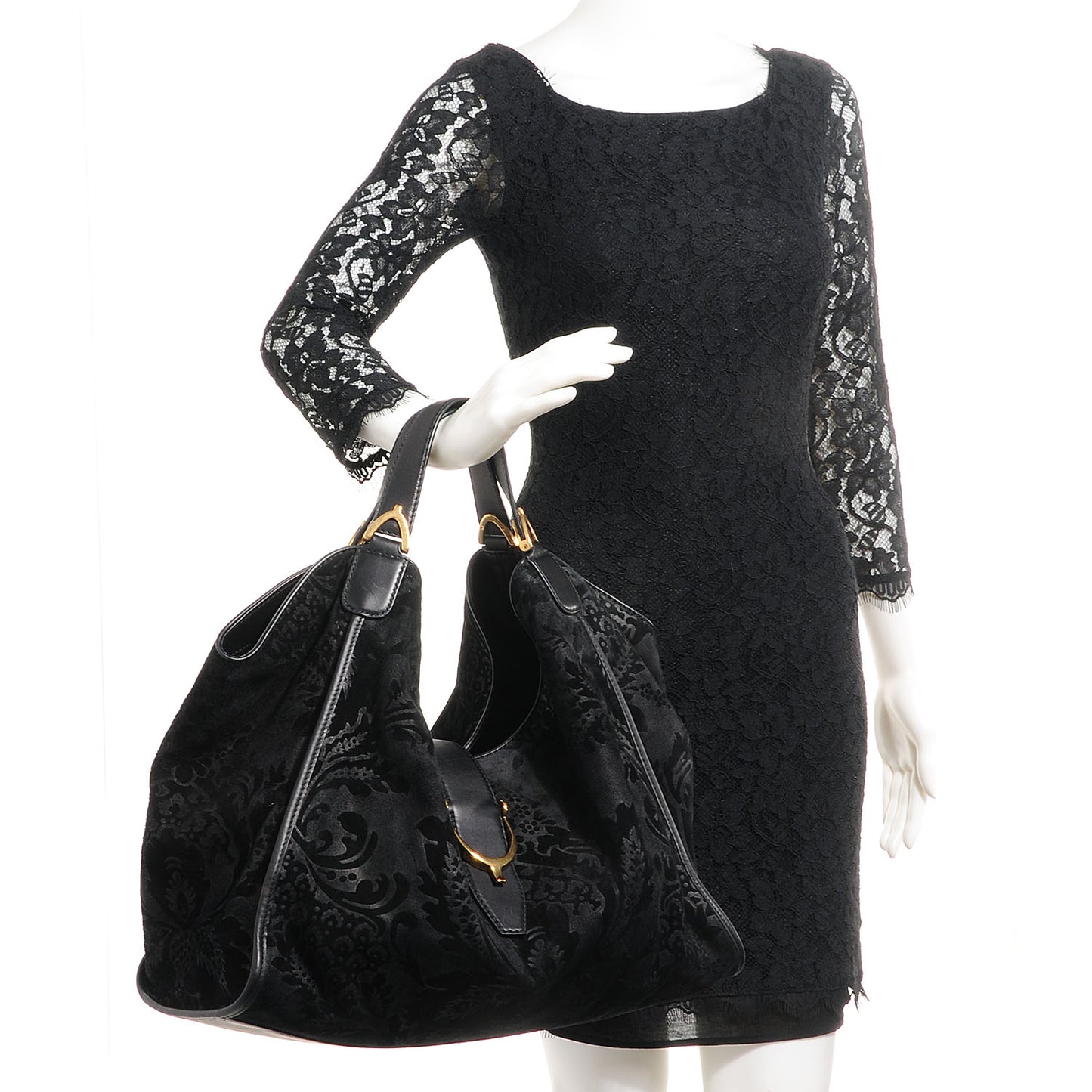 Soft Leather Brocade Large Stirrup Shoulder Bag Black