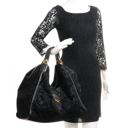 Gucci Soft Leather Brocade Large Stirrup Shoulder Bag Black 2 of 7