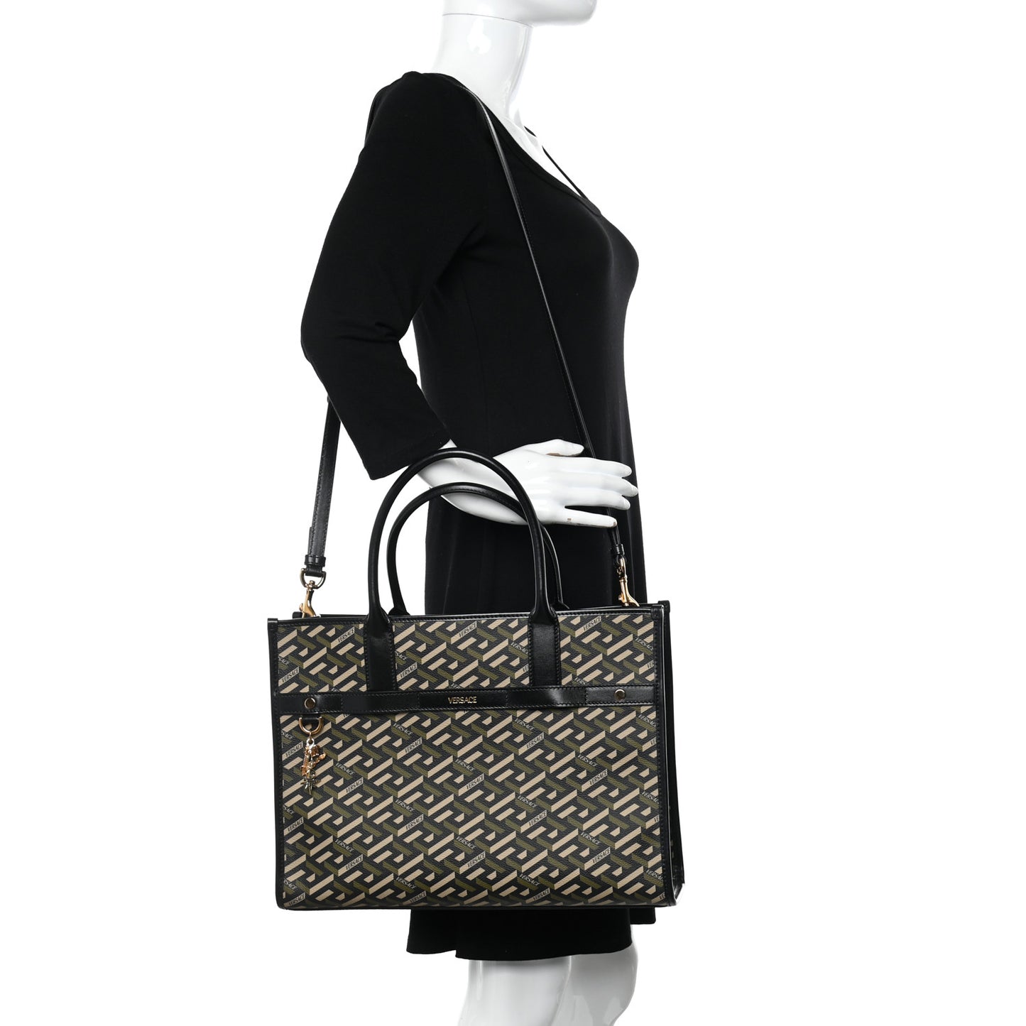 Coated Canvas Calfskin La Greca Signature Tote Bag Black Khaki