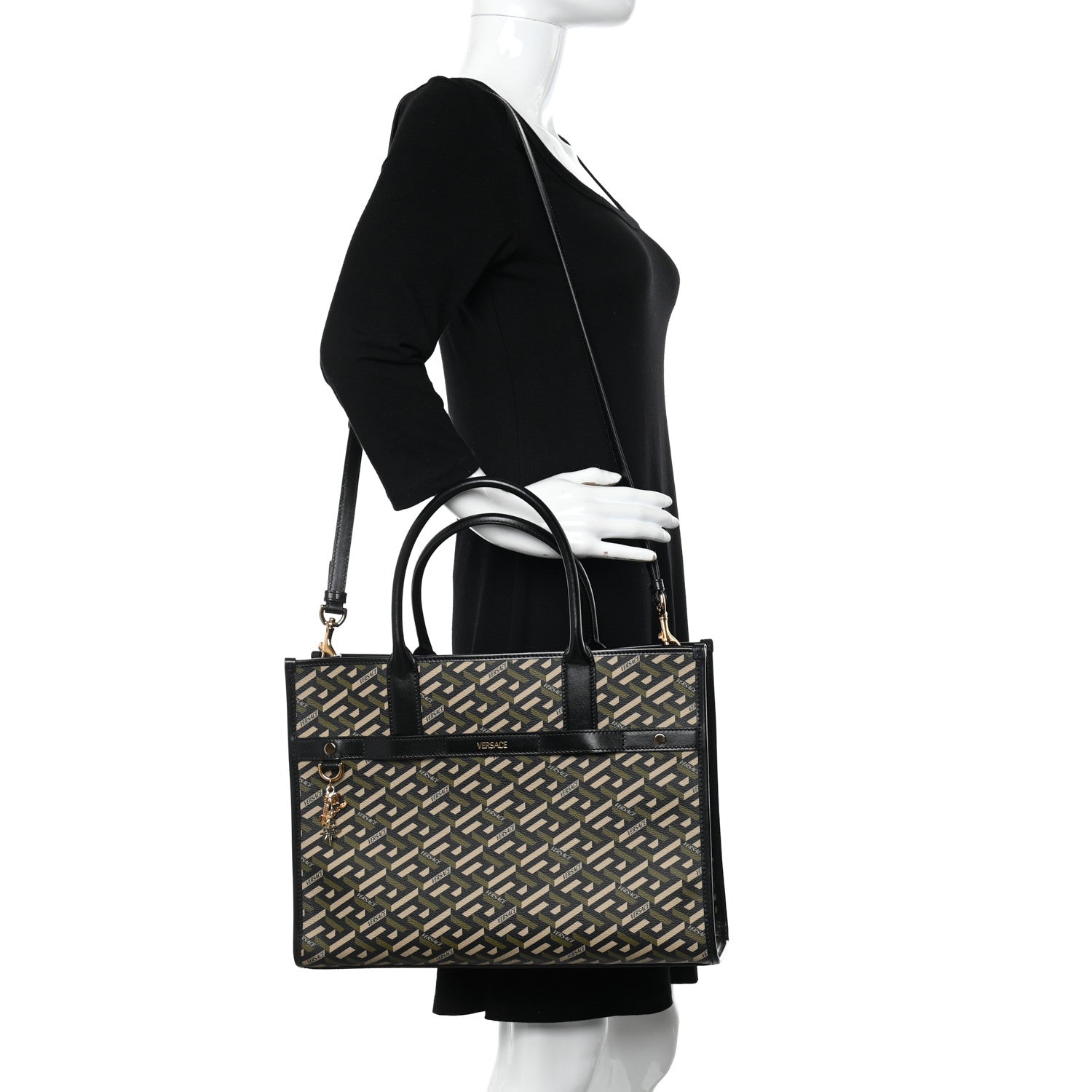 Versace Coated Canvas Calfskin La Greca Signature Tote Bag Black Khaki 2 of 9