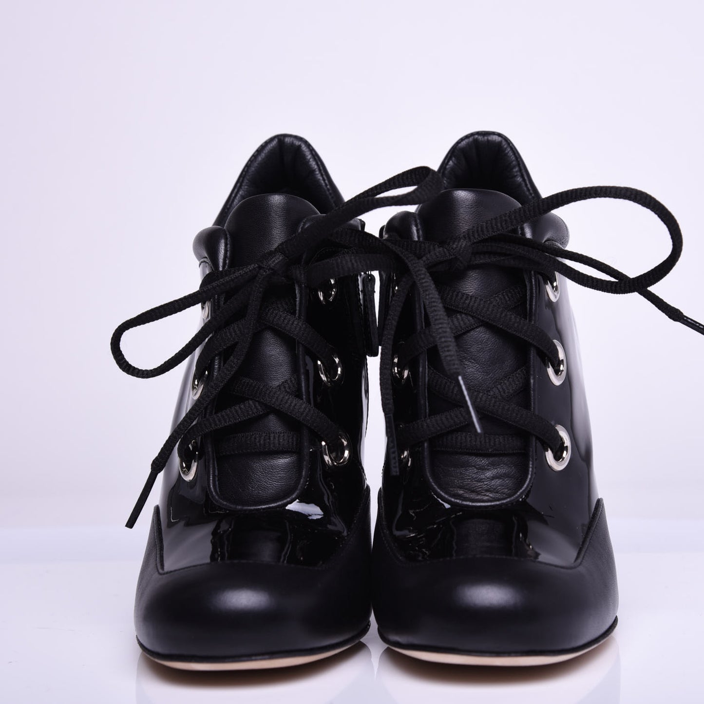 Patent Calfskin Lambskin Lace Up Wedge Short Boots 36.5 Black