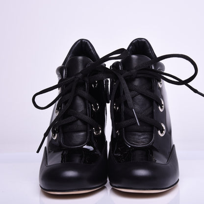 Chanel Patent Calfskin Lambskin Lace Up Wedge Short Boots 36.5 Black 3 of 10