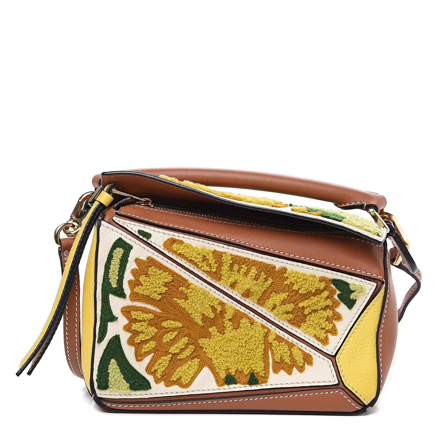 Loewe Calfskin Embroidered Floral Mini Puzzle Bag Tan Yellow 1 of 7