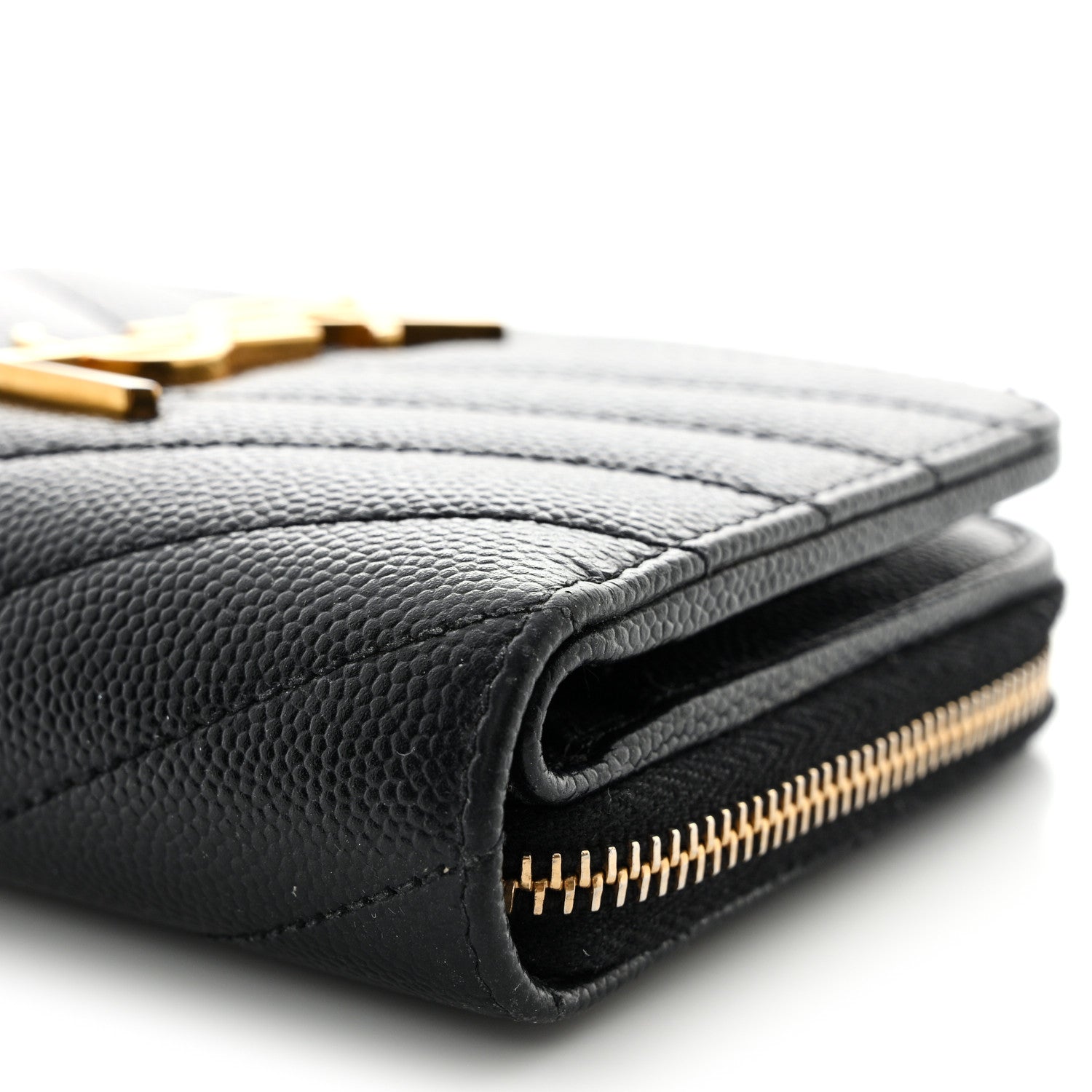 Saint Laurent Grain De Poudre Matelasse Chevron Monogram Compact Zip Around Wallet Black 12 of 14