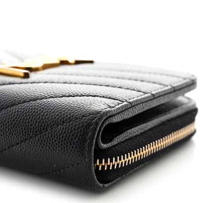 Saint Laurent Grain De Poudre Matelasse Chevron Monogram Compact Zip Around Wallet Black 12 of 14