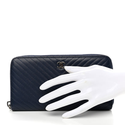 Chanel Caviar Chevron Quilted Large Gusset Zip Around Wallet Navy 2 of 11