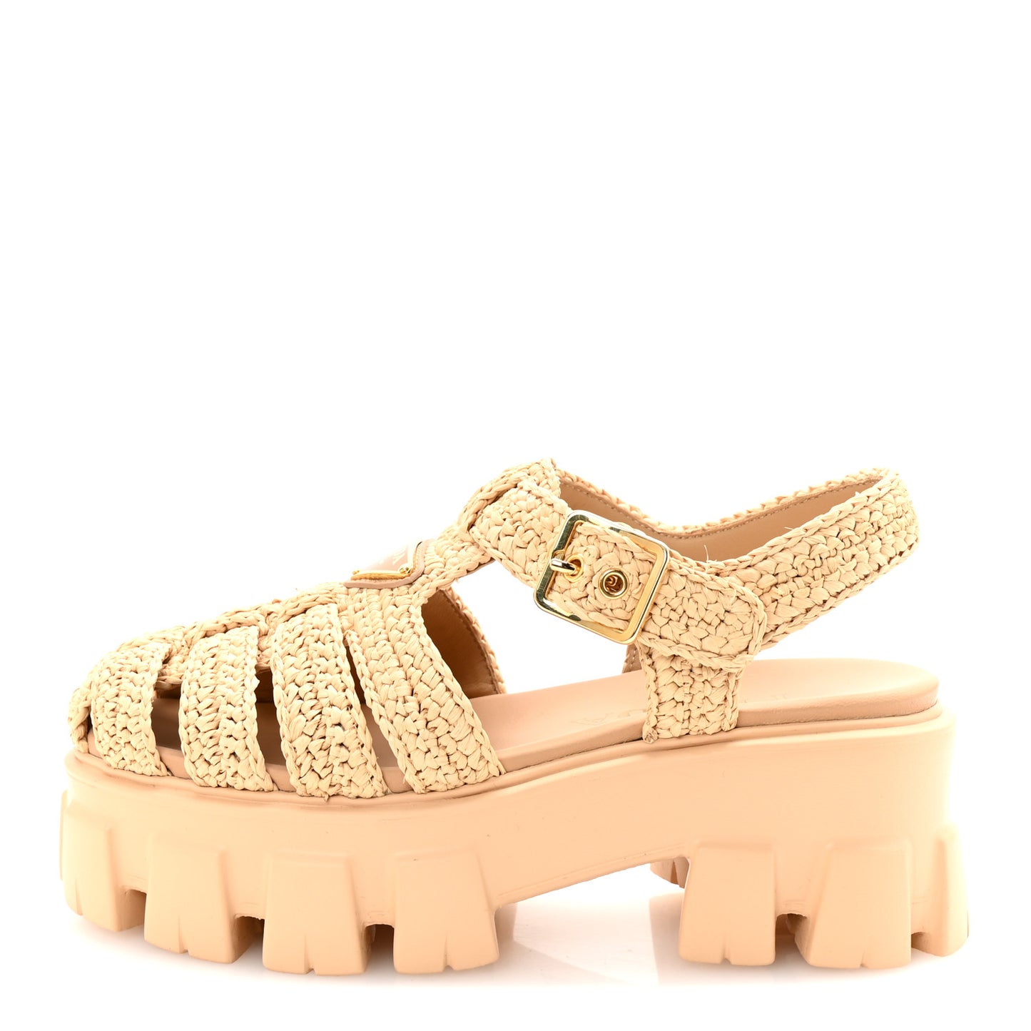 Yarn Raffia Effect Metal Triangle Logo Crochet Monolith 55mm Cage Sandals 35 Naturale
