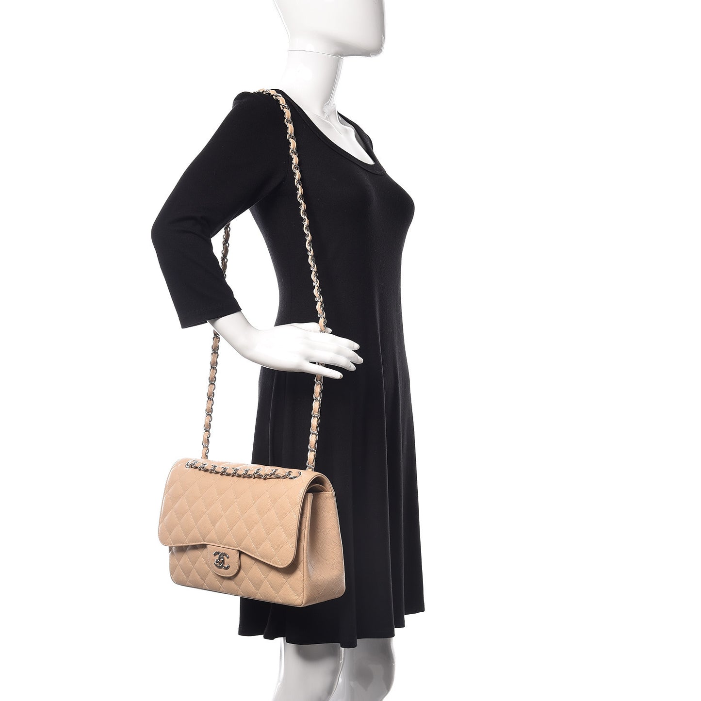 Caviar Quilted Jumbo Double Flap Light Beige