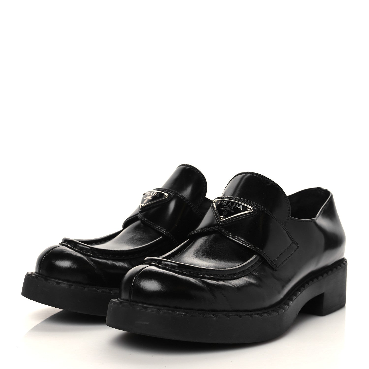 Prada Spazzolato Metal Triangle Logo 50mm Loafers 39.5 Black 2 of 8