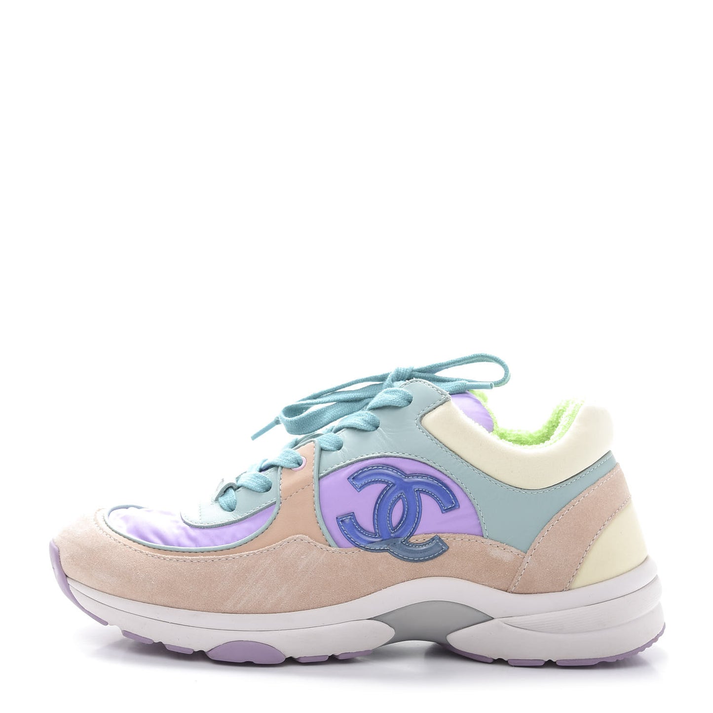 Nylon Lambskin Suede Calfskin CC Sneakers 37.5 Green Purple Pink