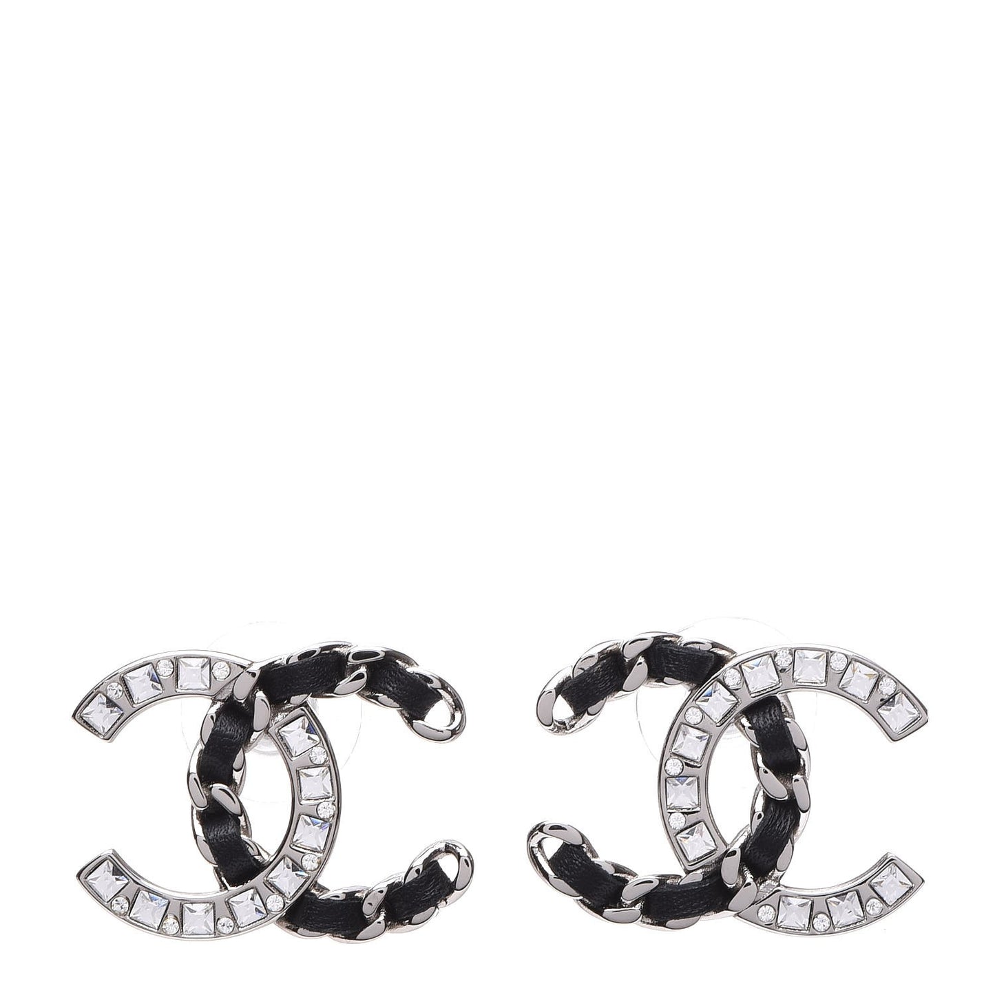 Crystal Baguette Lambskin Large CC Earrings Silver Black