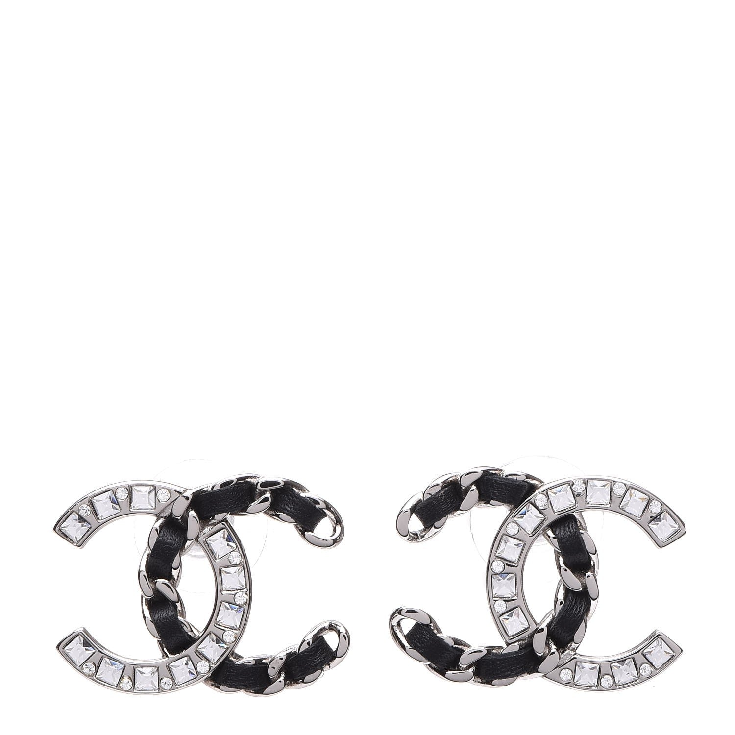 Chanel Crystal Baguette Lambskin Large CC Earrings Silver Black 1 of 5
