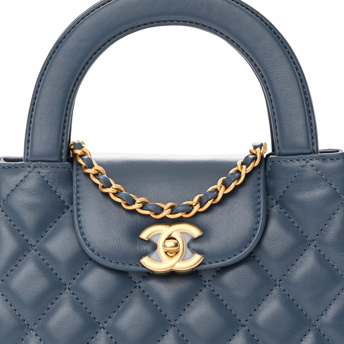 Shiny Aged Calfskin Quilted Nano Kelly Shopper Dark Blue