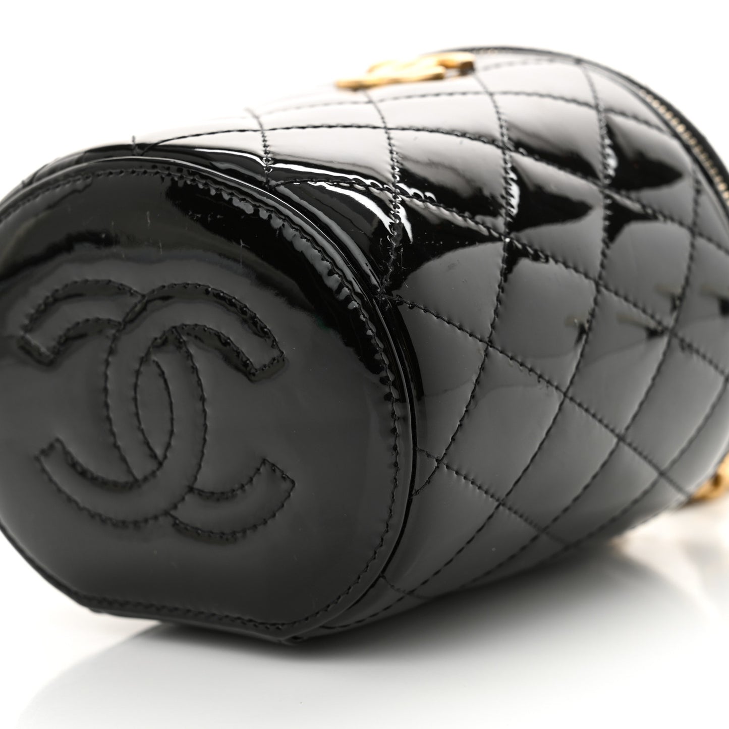 Patent Quilted Afternoon Tea Top Handle Mini Vanity Case With Chain Black