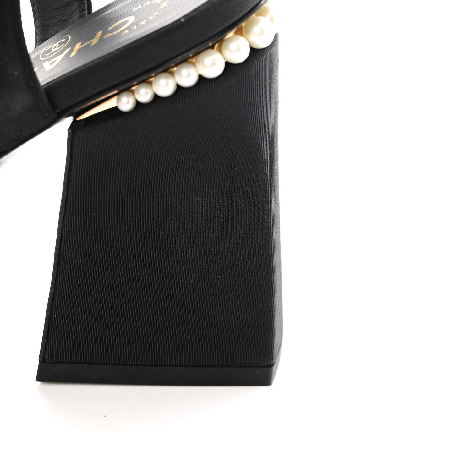 Lambskin Grosgrain Open Toe Pearl Sandal Heels 39.5 Black