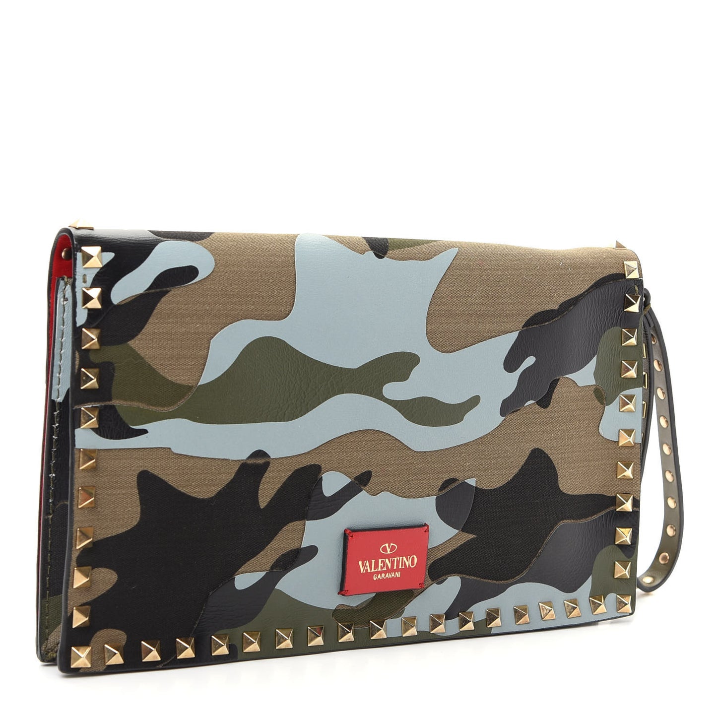 Nappa Canvas Camouflage Rockstud Wristlet Clutch Multicolor