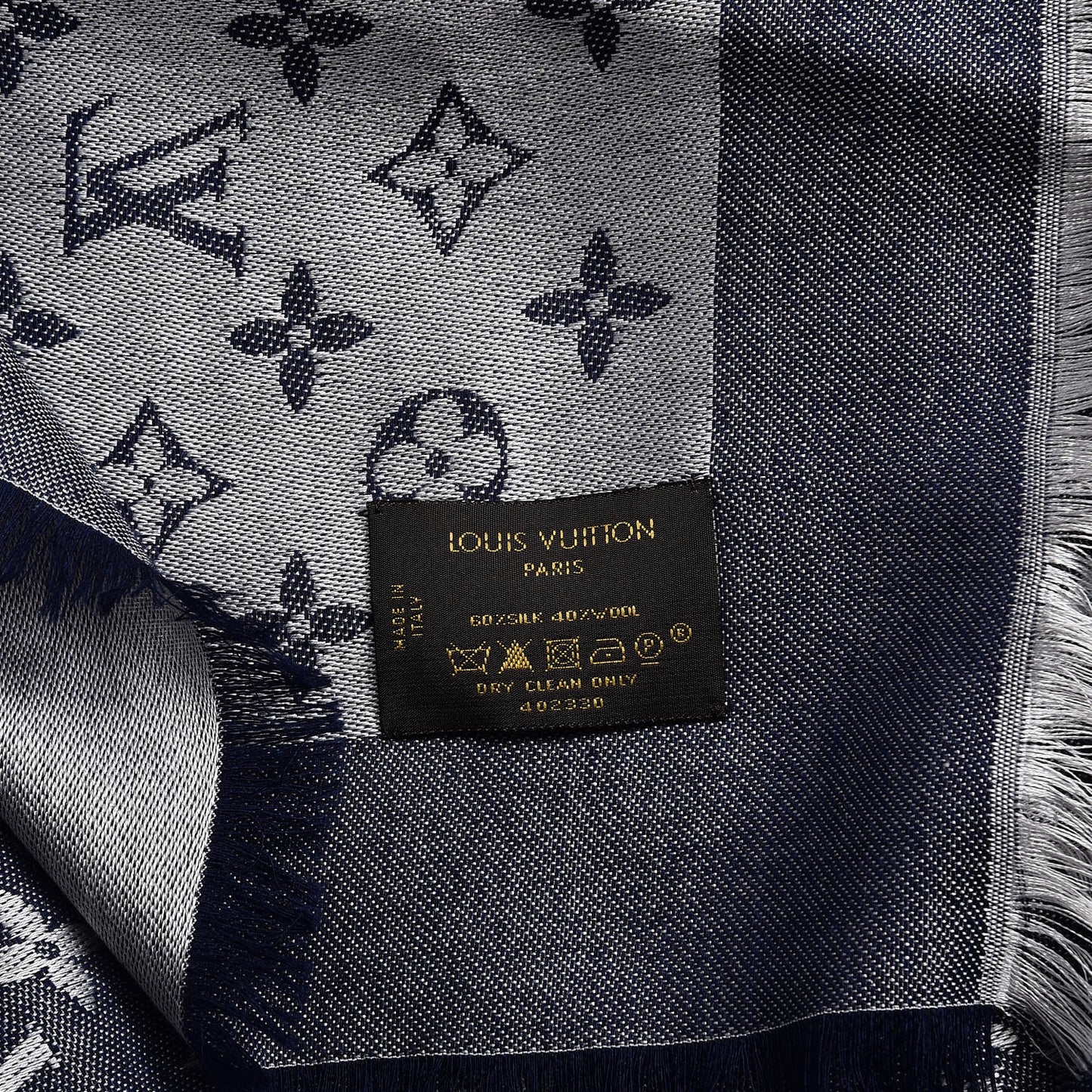 Wool Silk Monogram Denim Shawl Blue