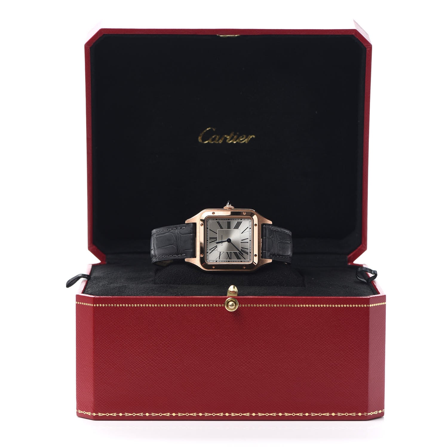 Cartier 18K Pink Gold Alligator 31.5mm Santos Dumont Quartz Watch Grey 7 of 7