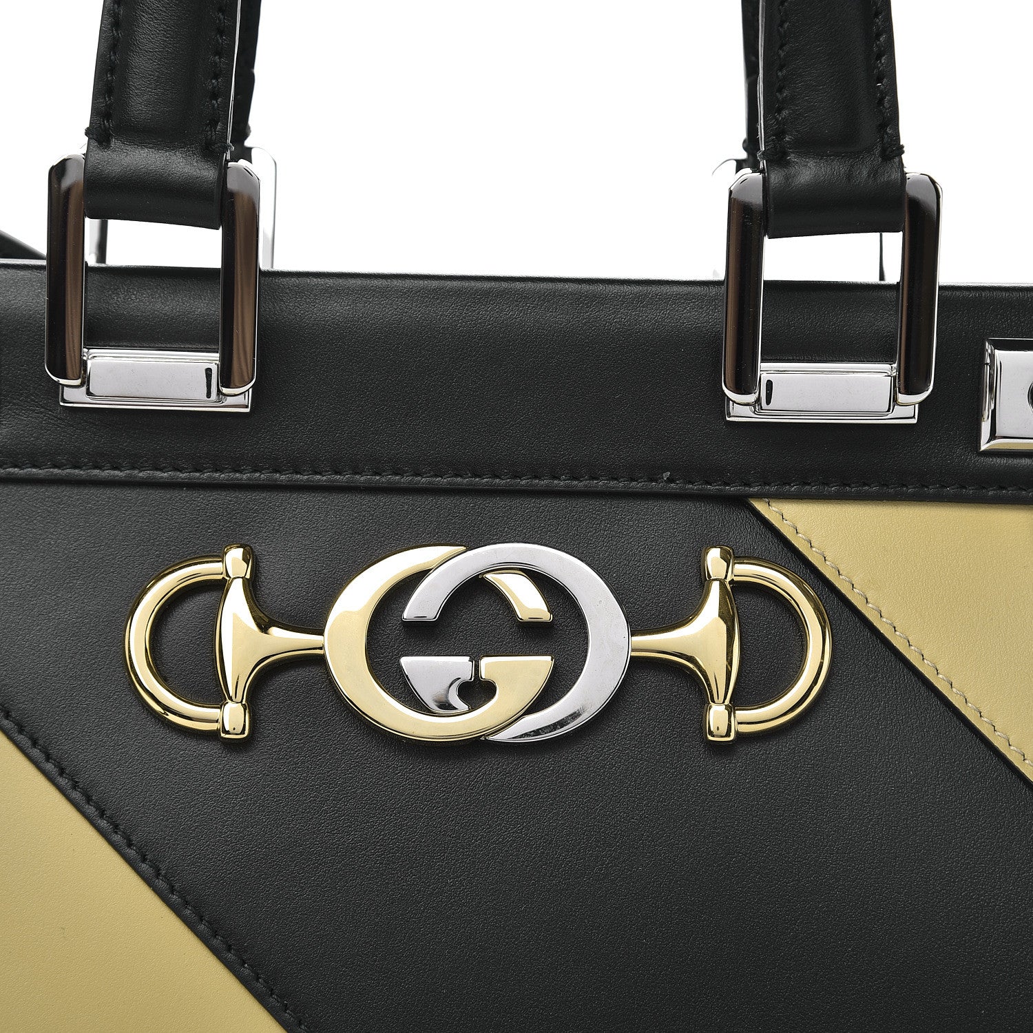 Gucci Smooth Calfskin Diagonal Striped Small Zumi Top Handle Bag Black Beige 12 of 12