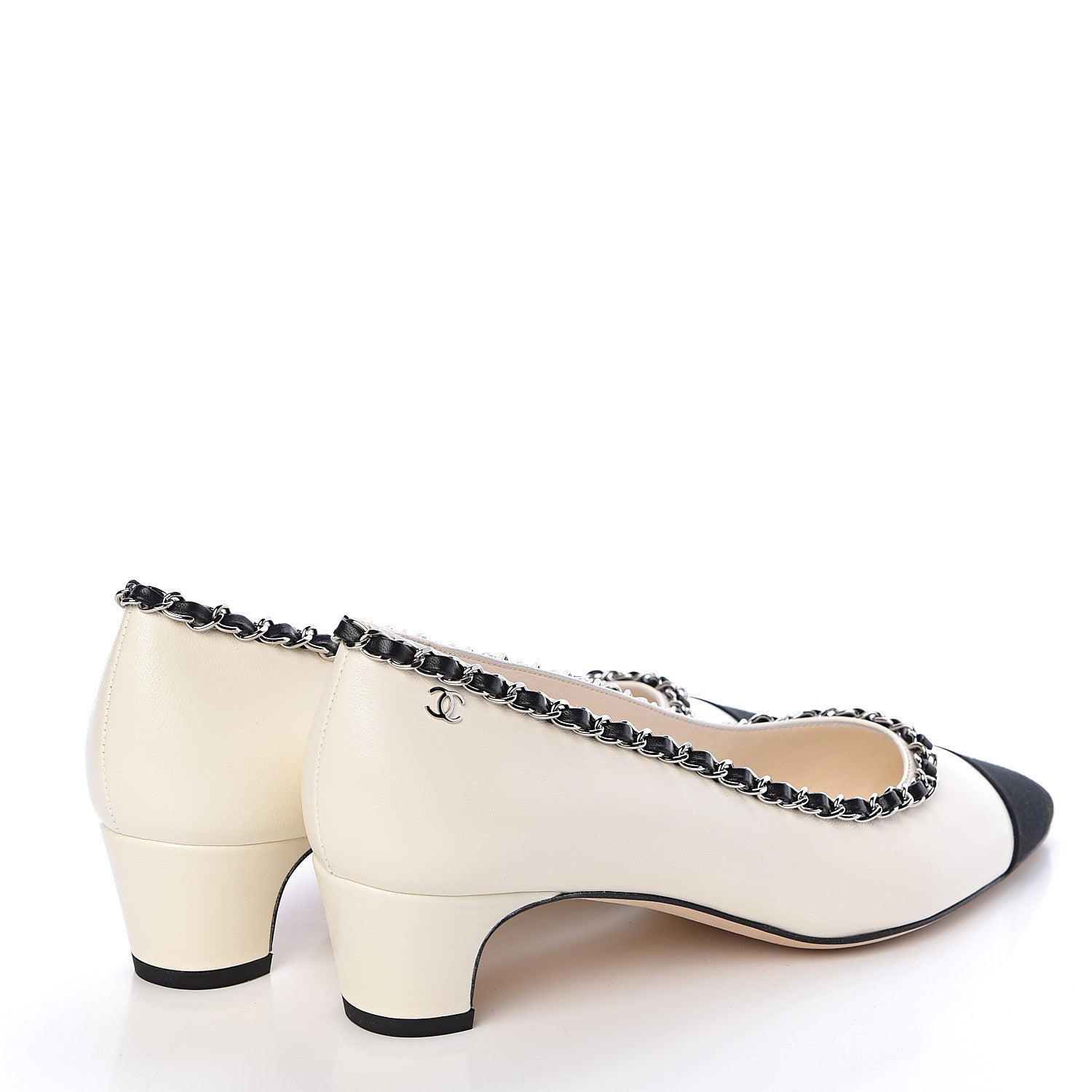 Chanel Lambskin Grosgrain Chain Cap Toe Pumps 38 Ivory Black 4 of 8