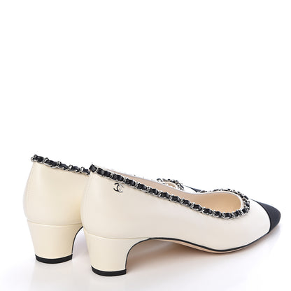 Chanel Lambskin Grosgrain Chain Cap Toe Pumps 38 Ivory Black 4 of 8