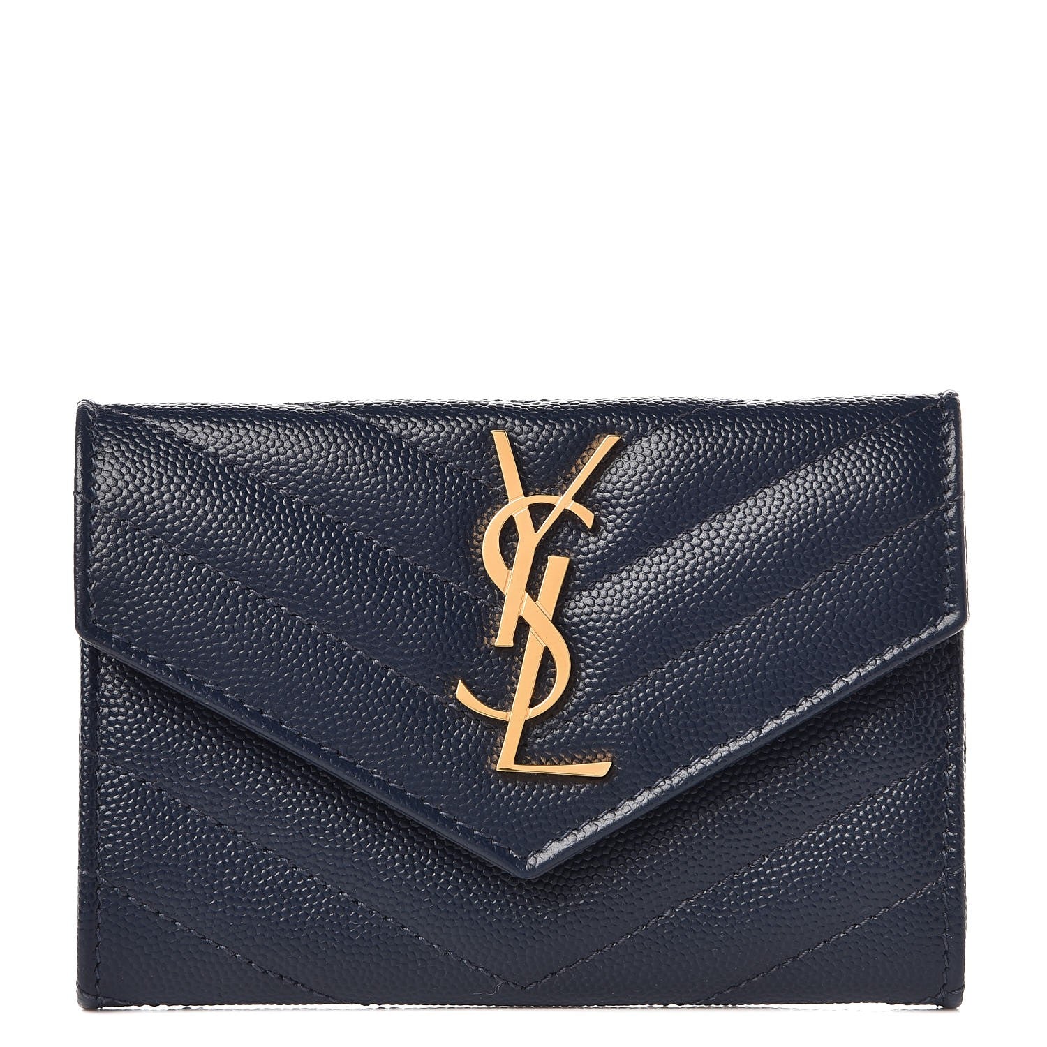 Saint Laurent Grain De Poudre Matelasse Chevron Small Monogram Envelope Wallet Navy 1 of 7