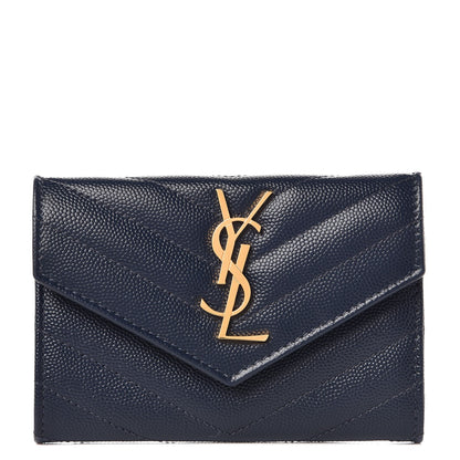 Saint Laurent Grain De Poudre Matelasse Chevron Small Monogram Envelope Wallet Navy 1 of 7