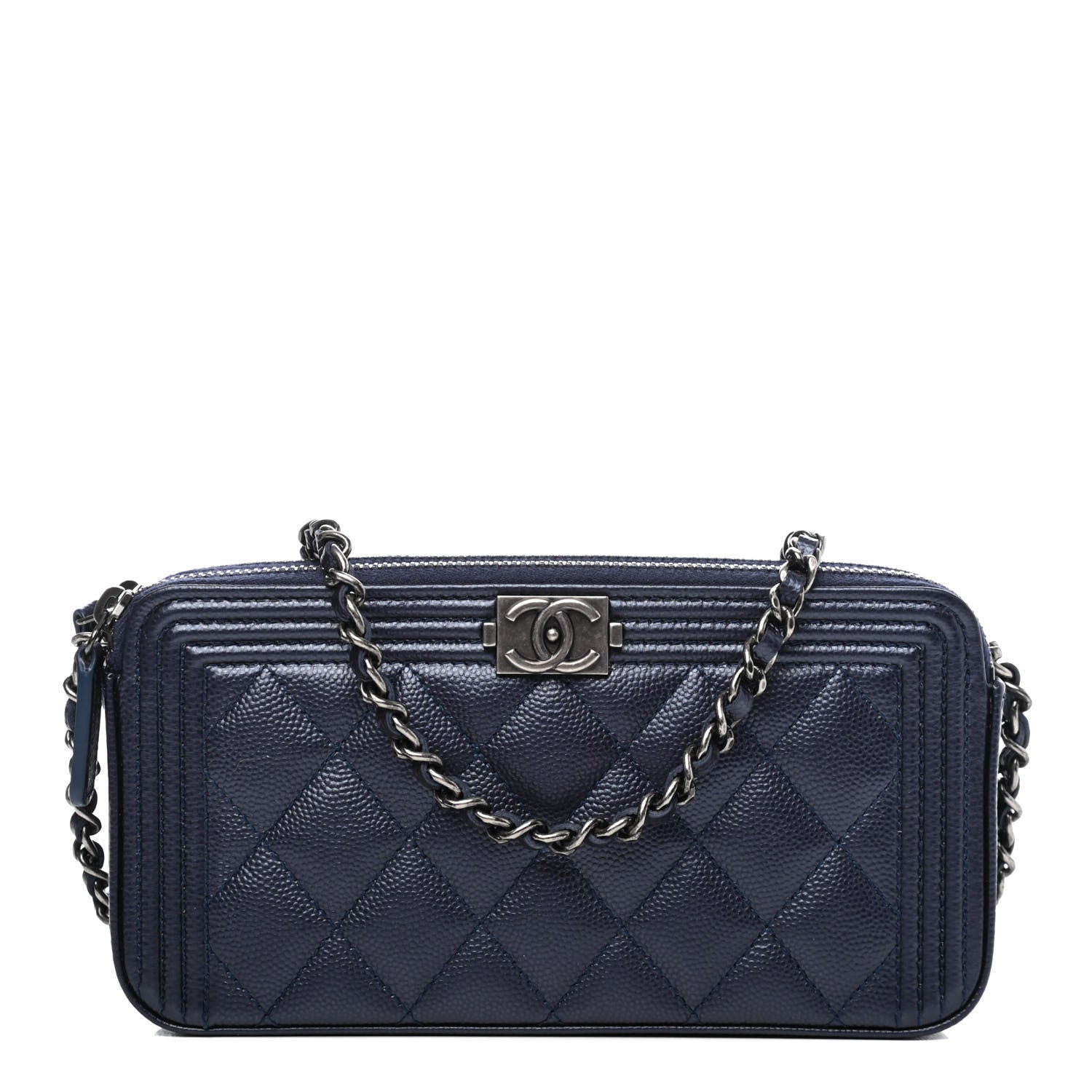 Chanel Metallic Caviar Quilted Small Boy Clutch With Chain Navy 1 of 4
