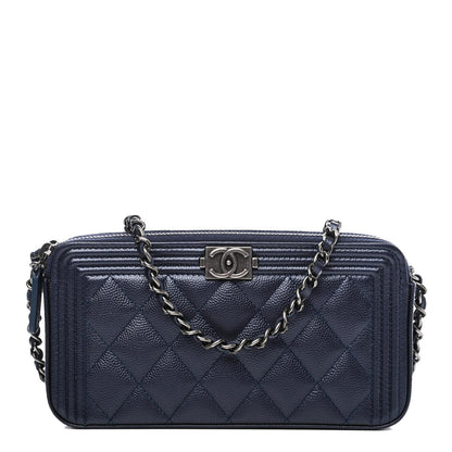 Chanel Metallic Caviar Quilted Small Boy Clutch With Chain Navy 1 of 4