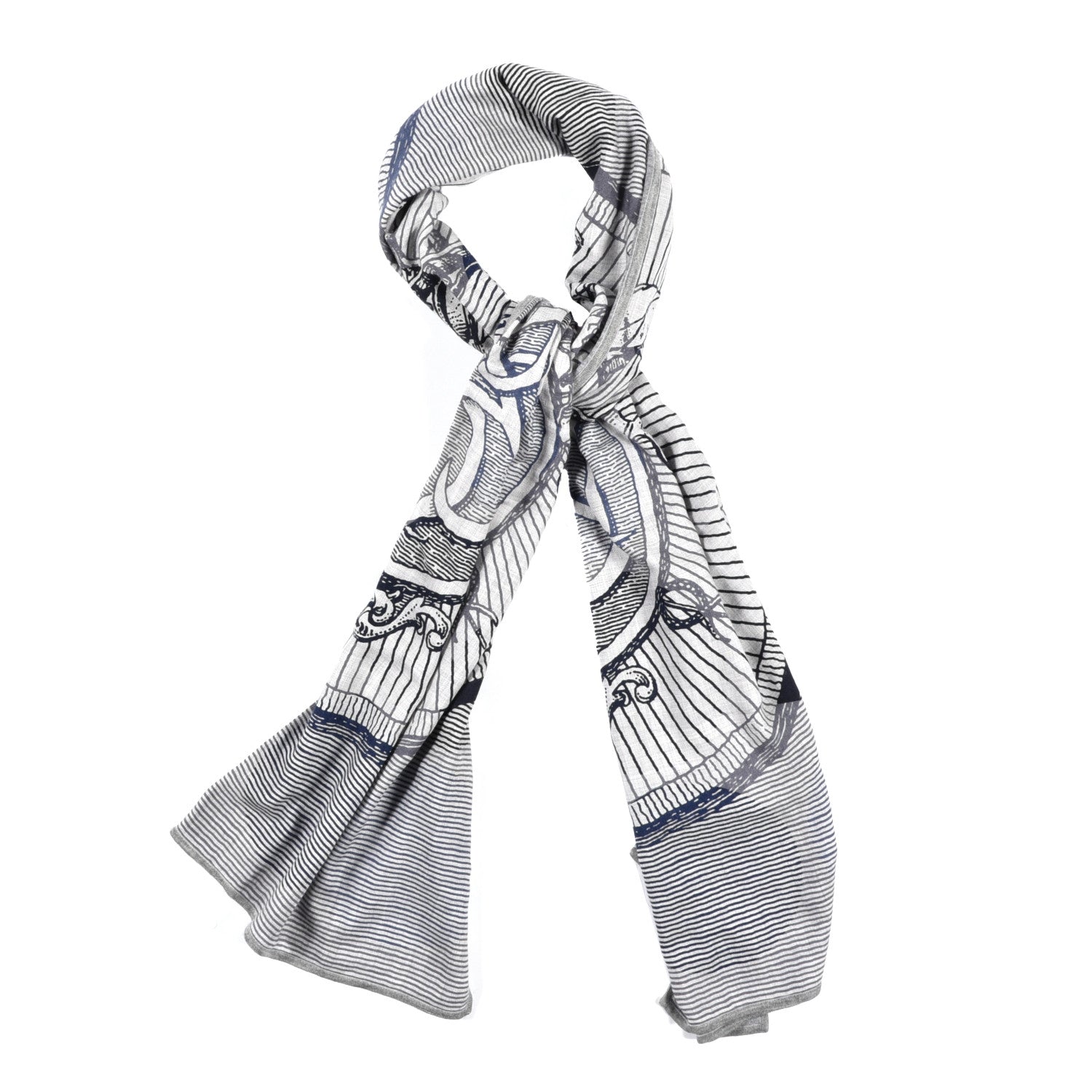 Hermes Cashmere Silk Double Jeu Suite Et Poursuite Scarf Gris Chine Marine Gris 1 of 3