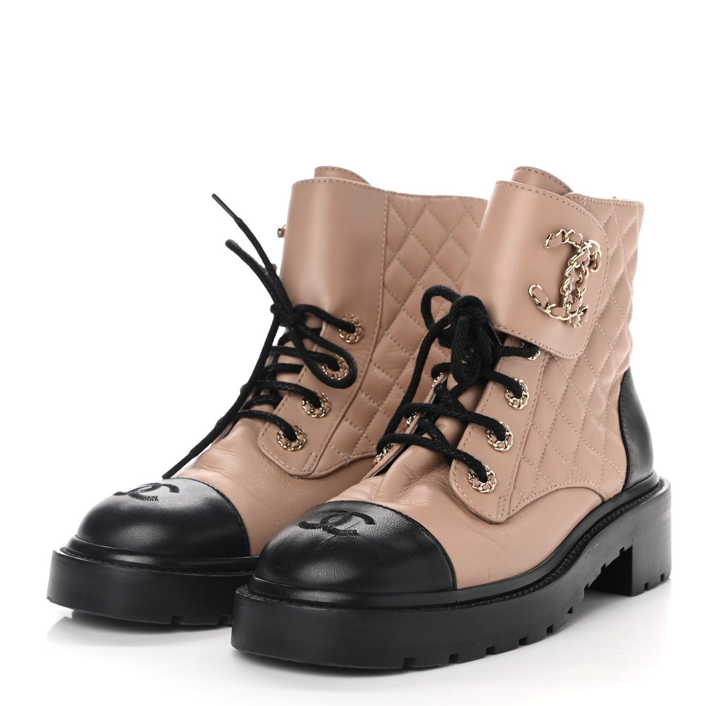 Shiny Lambskin Quilted Lace Up Combat Boots 38 Beige Black