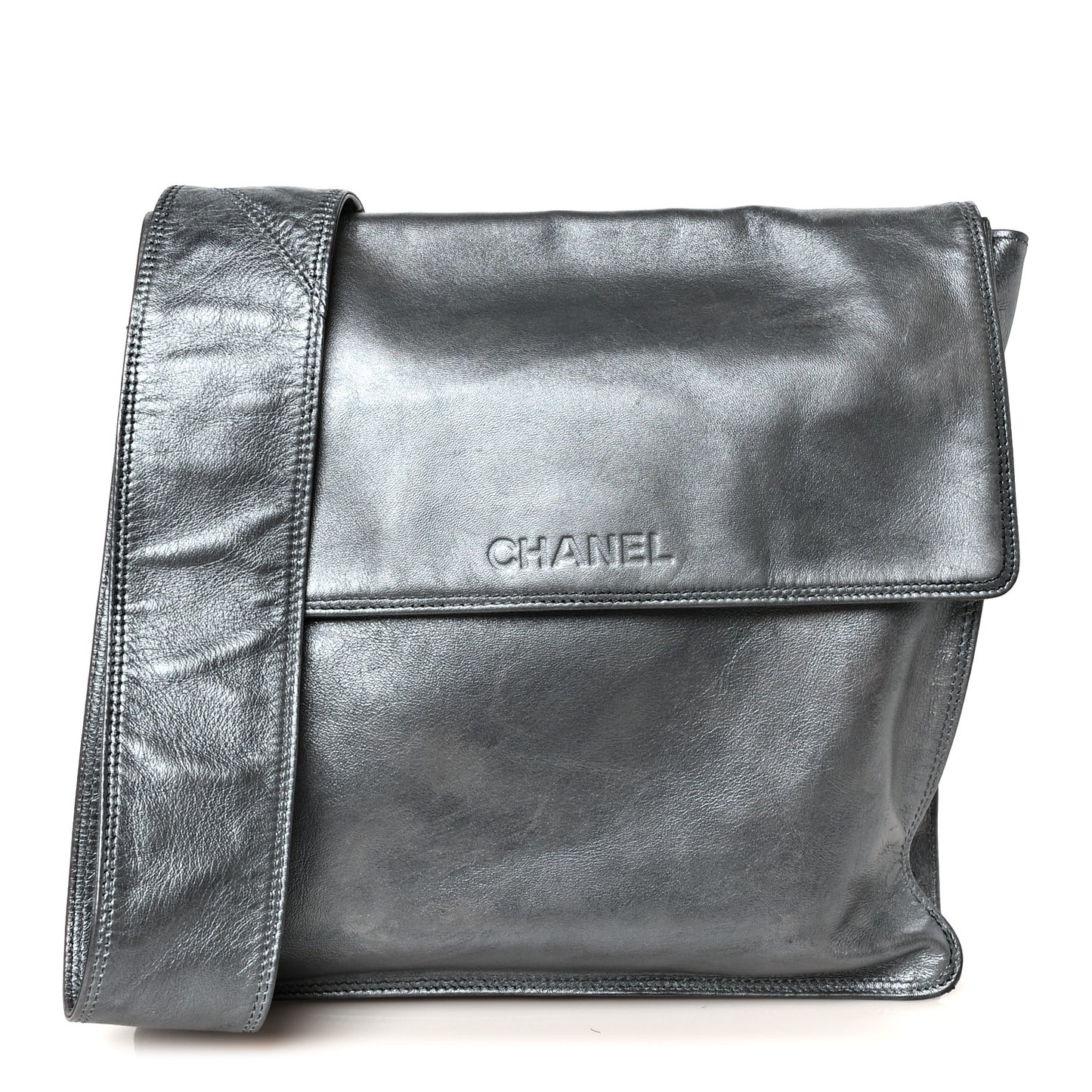 Metallic Lambskin Logo Messenger Silver