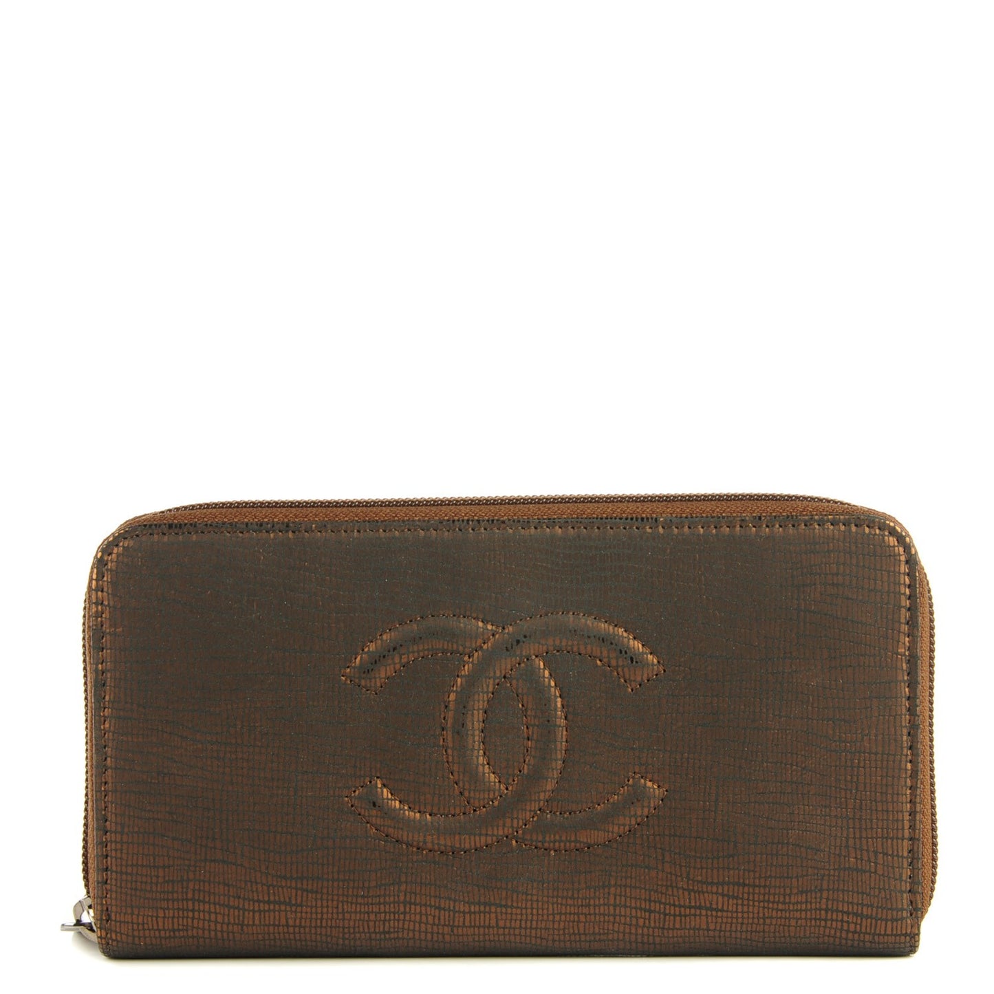 Iridescent Stamped Calfskin Large Timeless CC Gusset Zip Around Wallet Brown