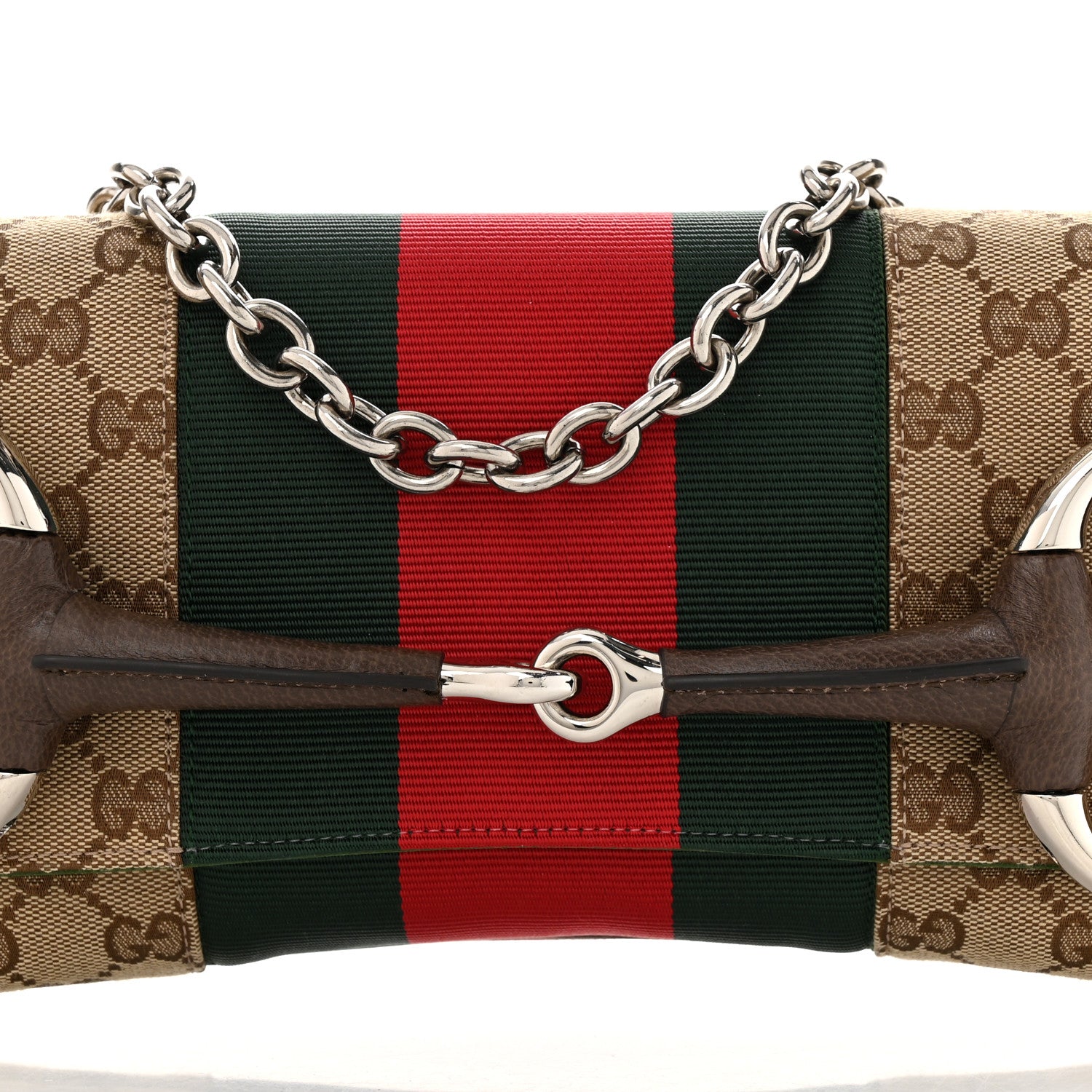 Gucci Monogram Textured Dollar Calfskin Heavy Grosgrain Web Medium Maxi Horsebit Chain Shoulder Bag Beige Ebony New Acero 8 of 11