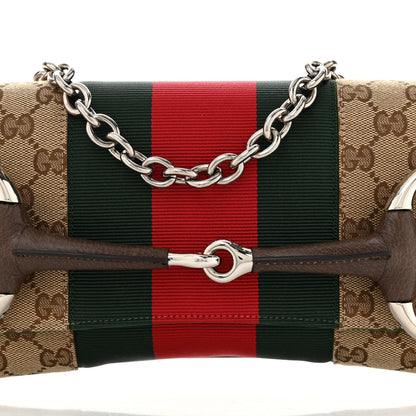 Gucci Monogram Textured Dollar Calfskin Heavy Grosgrain Web Medium Maxi Horsebit Chain Shoulder Bag Beige Ebony New Acero 8 of 11