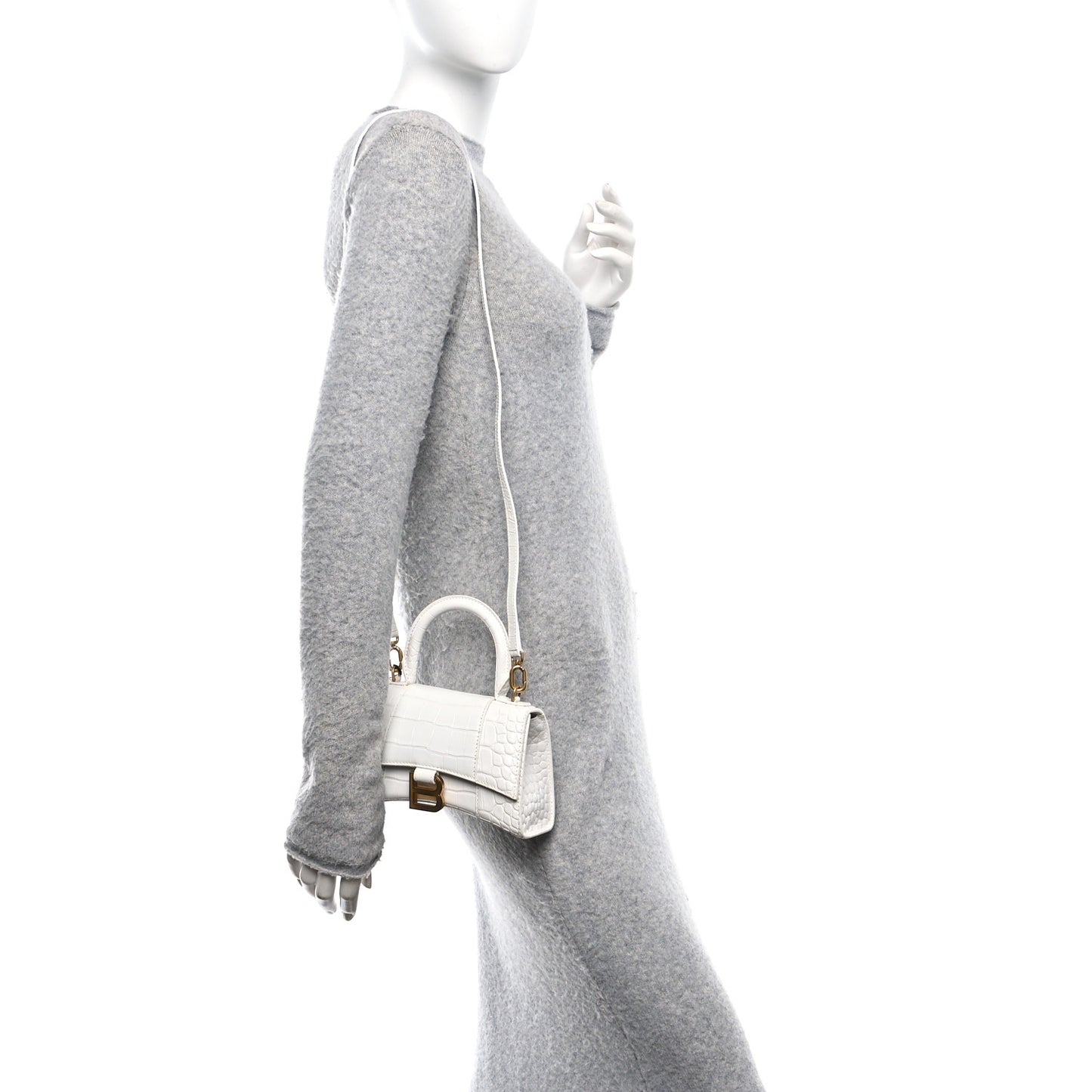 Shiny Calfskin Crocodile Embossed Hourglass Top Handle Bag XS White